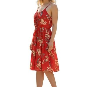 Elegant Floral Red Midi Dress
